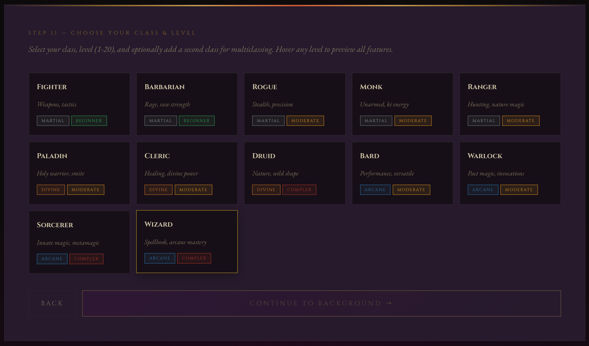 Character Forge Step 2: Choose Your Class: Fighter, Barbarian, Rogue, Monk, Ranger, Paladin, Cleric, Druid, Bard, Warlock, Sorcerer, Wizard with complexity tags