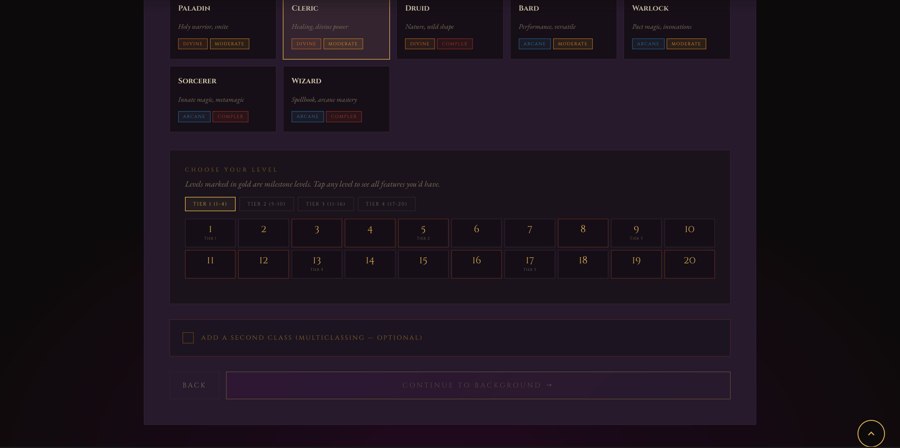Character Forge Step 2 level selector: levels 1 through 20 with Tier 1 through Tier 4 labels and optional multiclassing checkbox