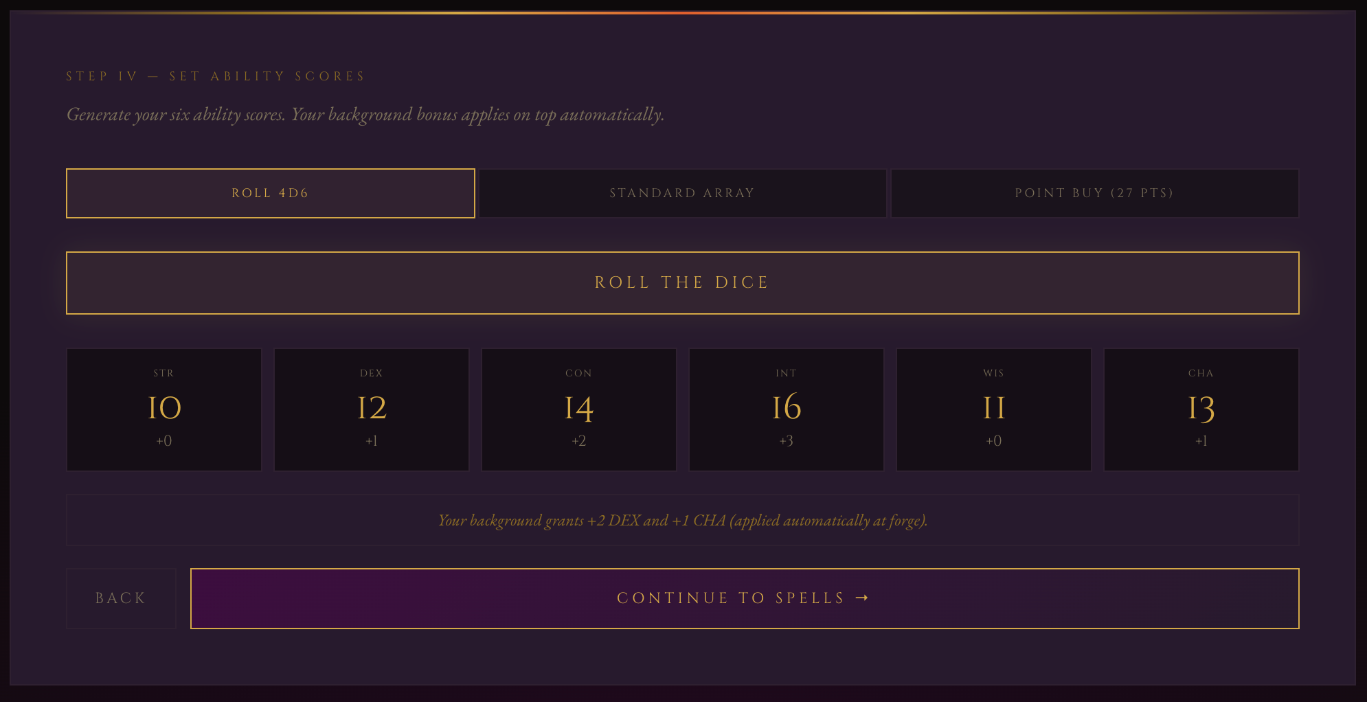 Character Forge Step 4: Set Ability Scores: Roll 4d6, Standard Array, or Point Buy with automatic background bonus applied