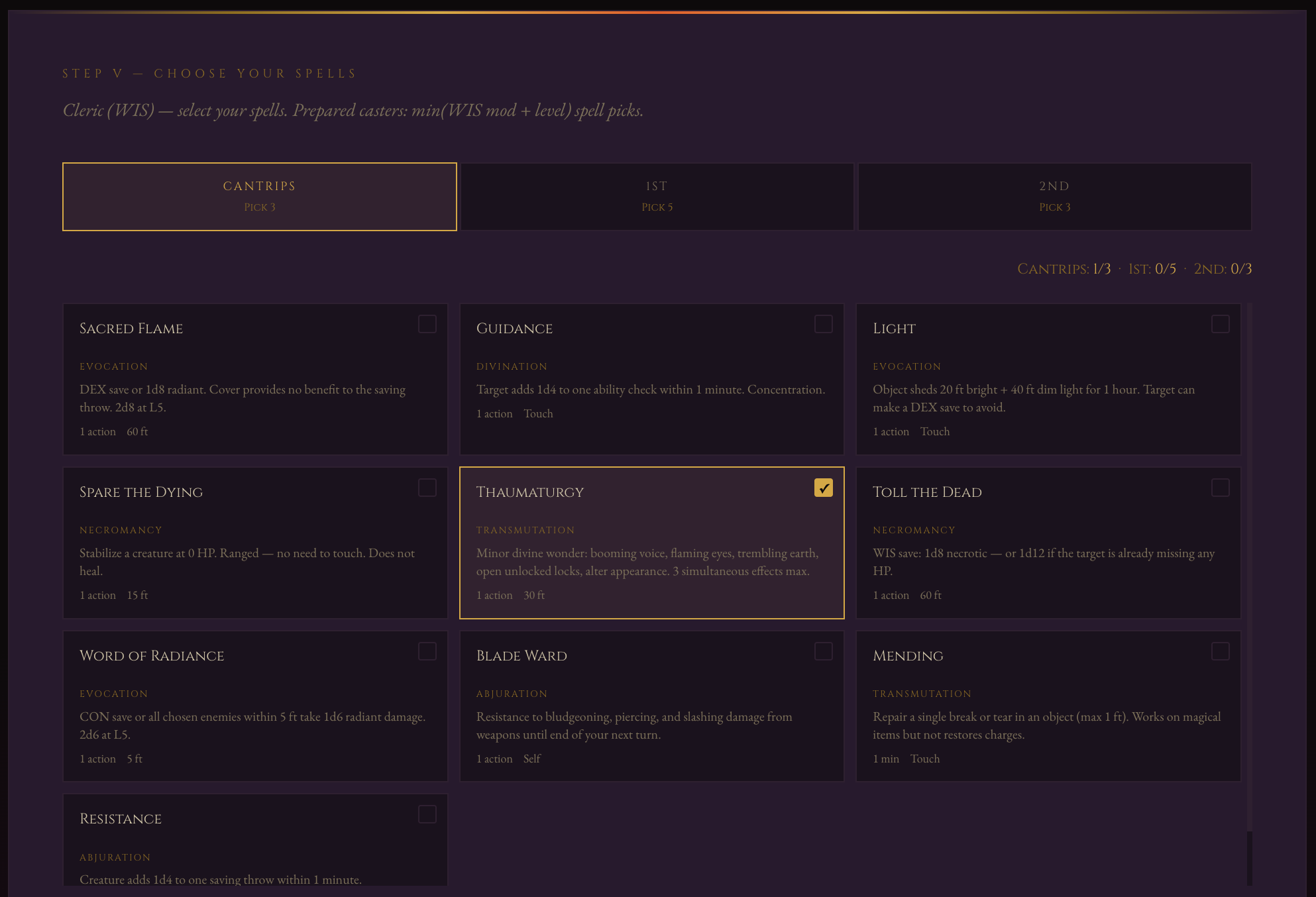 Character Forge Step 5: Choose Your Spells: interactive spell picker with full descriptions for Cleric cantrips including Sacred Flame, Guidance, Thaumaturgy