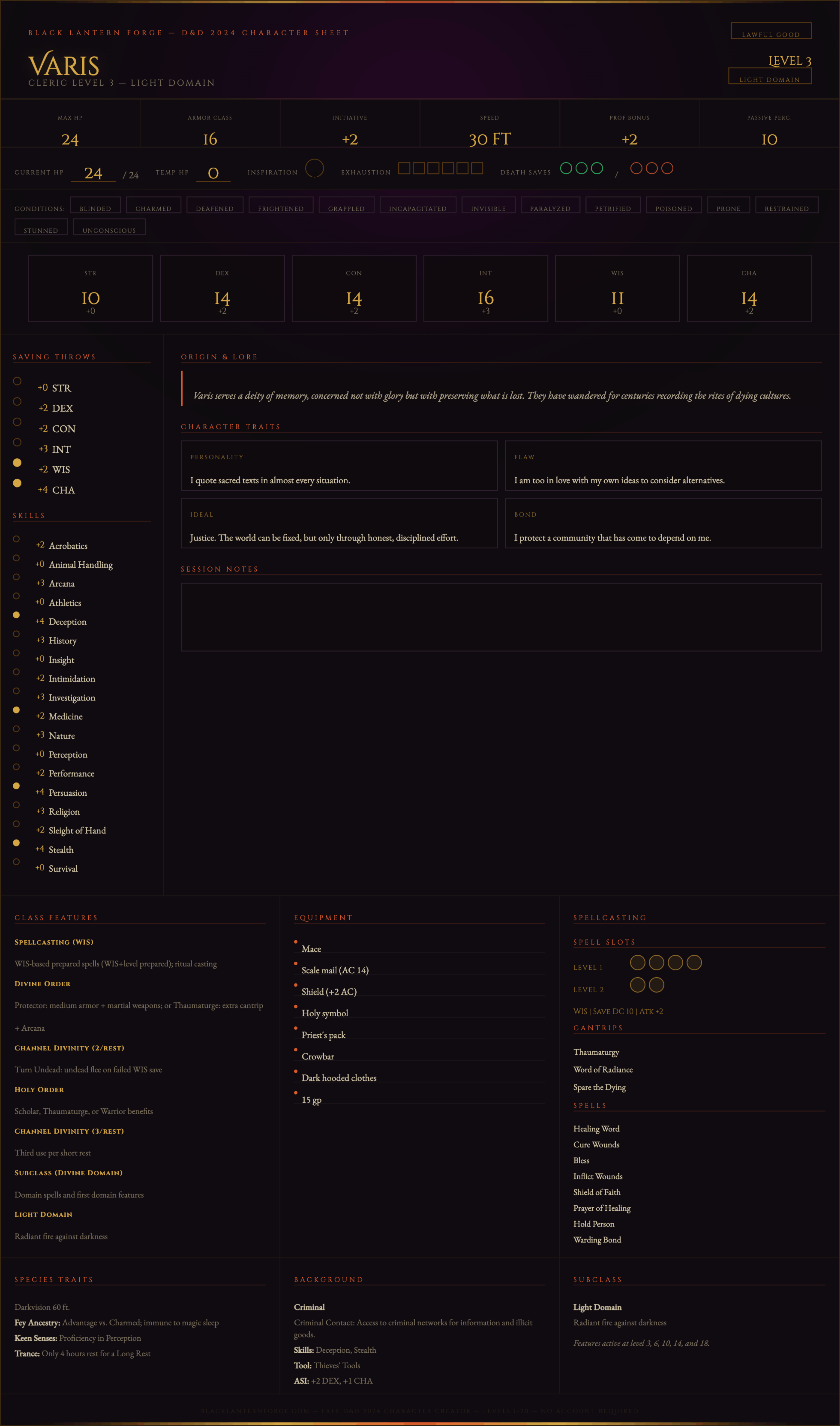 Completed D&D character sheet for Varis: Cleric Level 3 Light Domain, showing AC 16, HP 24, spell slots, cantrips, skills, saving throws, equipment, and background